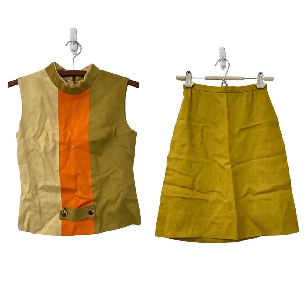 Vintage 1960s Susan Thomas Chartreuse Linen 2 Pc Linen Skirt Set Size 8
